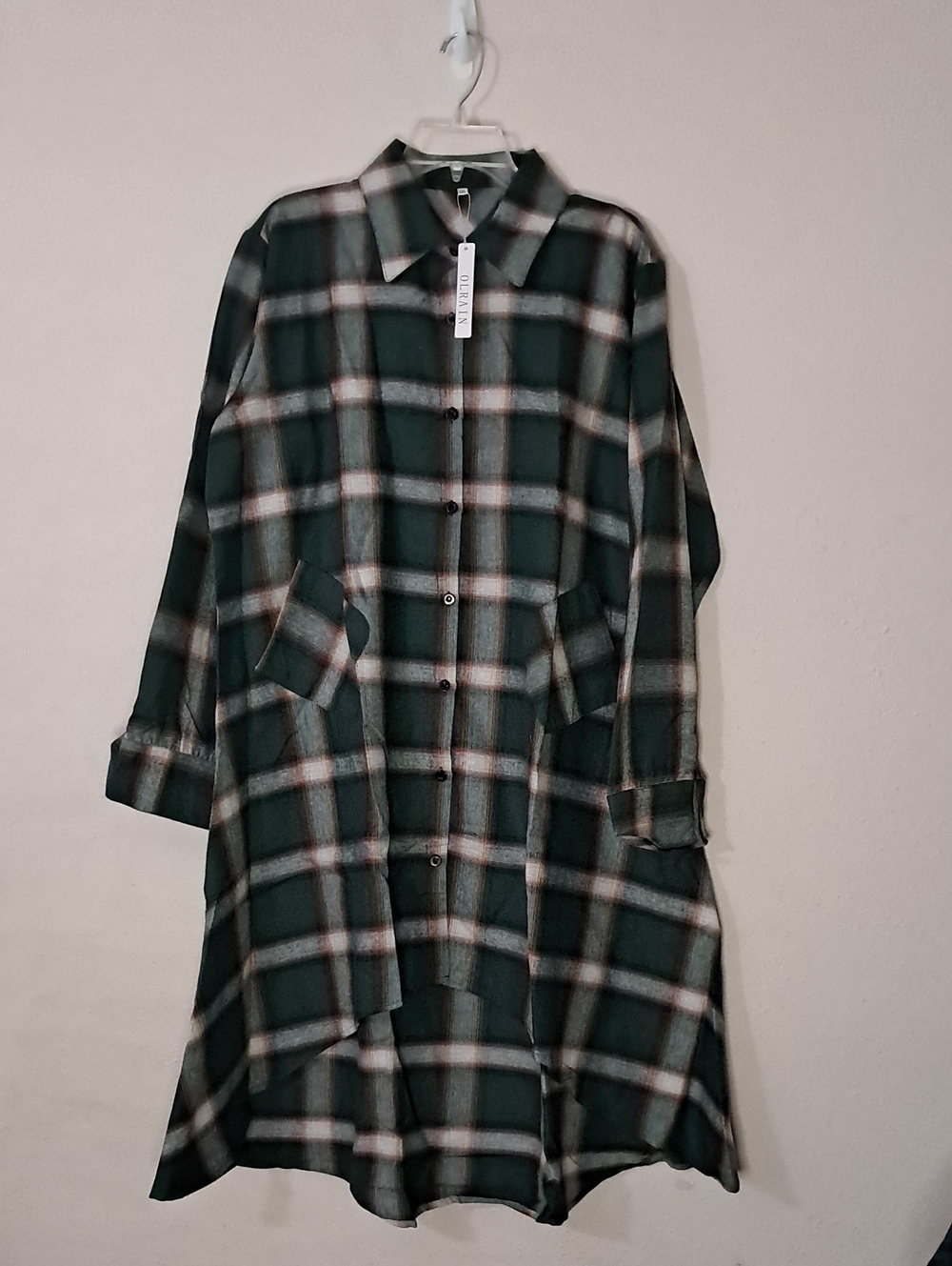 Plaid High-Low Shirt Dress - Forest Green